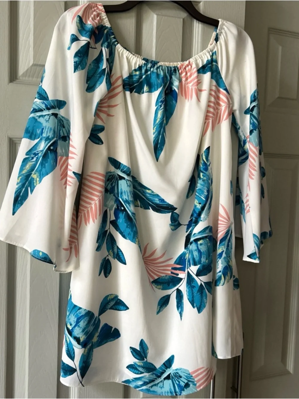 Buddy Love Mini Dress Womens S  Bell Sleeve Off Shoulder turquoise Printed Boho - Picture 2 of 9